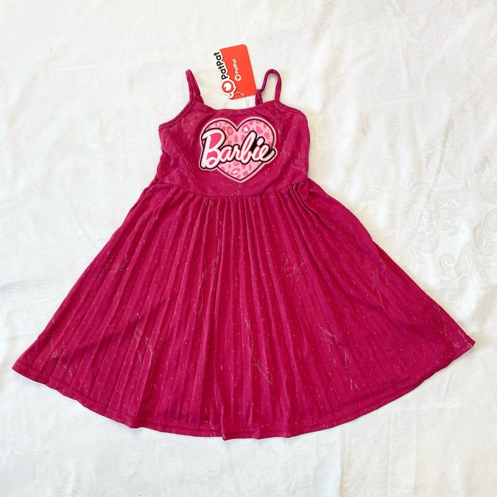 Barbie Girl Heart Glitter Spaghetti Straps Hot Pink Dress, Size 4-5Y